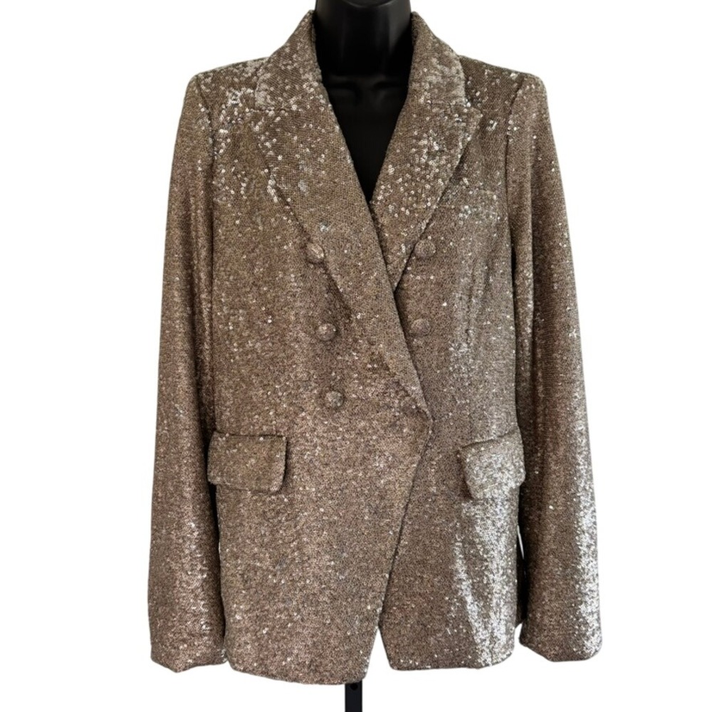 NEW House of Harlow 1960 Double Breasted‎ Sequin Blazer Sz M Gold Holiday Party